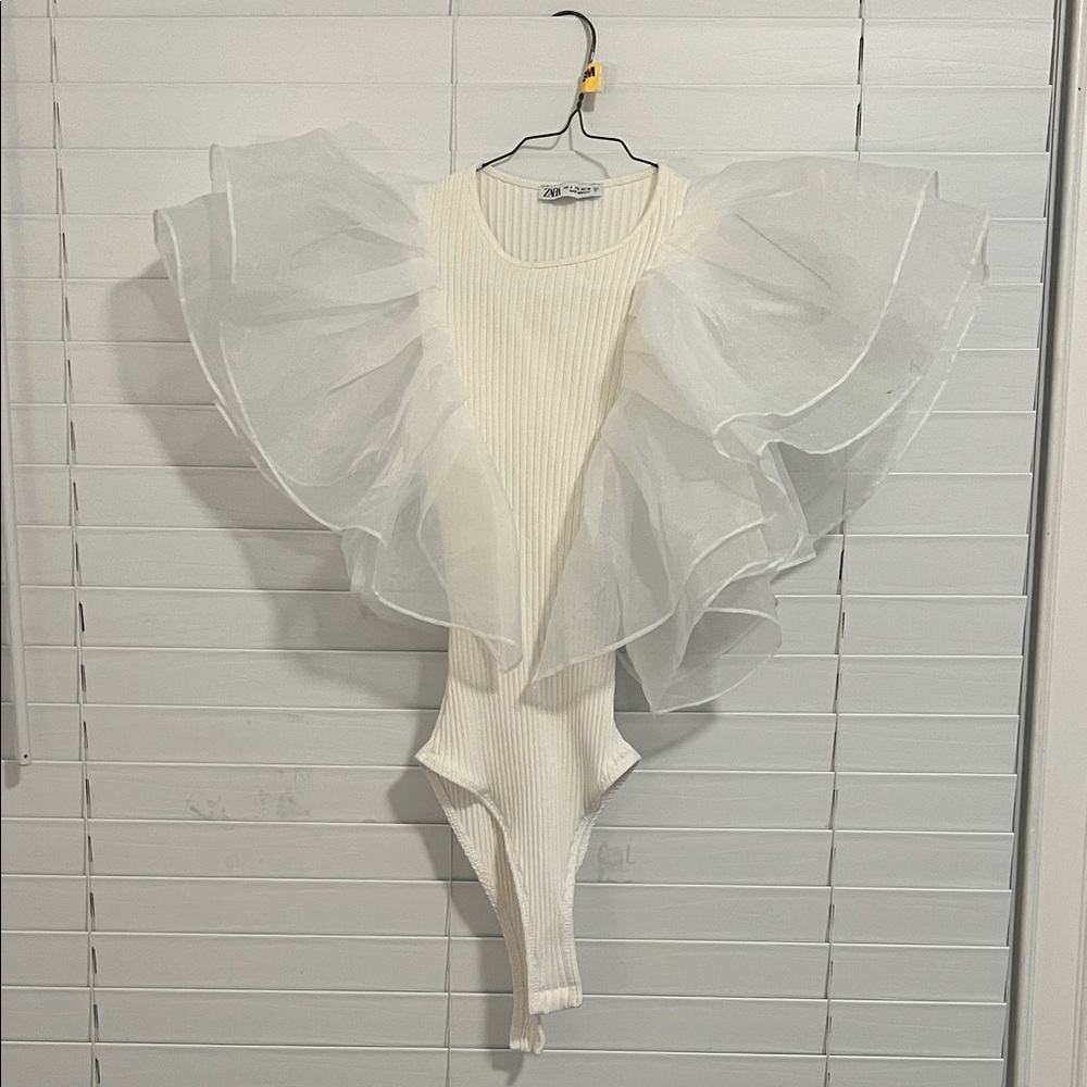 Zara Cream Ribbed Bodysuit with Dramatic Organza Ruffles